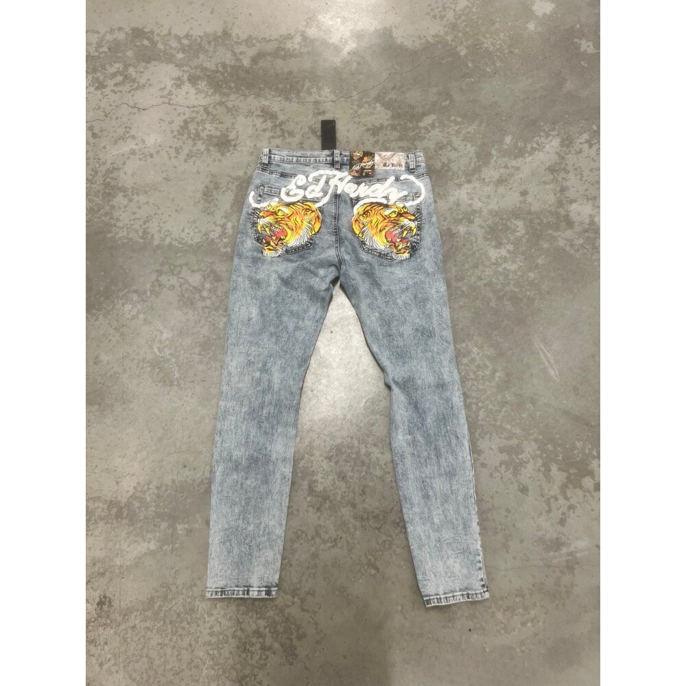 Ed Hardy Mens m Slim Tapered Distressed Tiger Painted Acid Light Wash Jeans